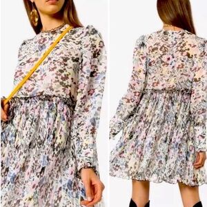 Ganni Egret Floral Print Chiffon Long-Sleeve Mini Dress - White Multi